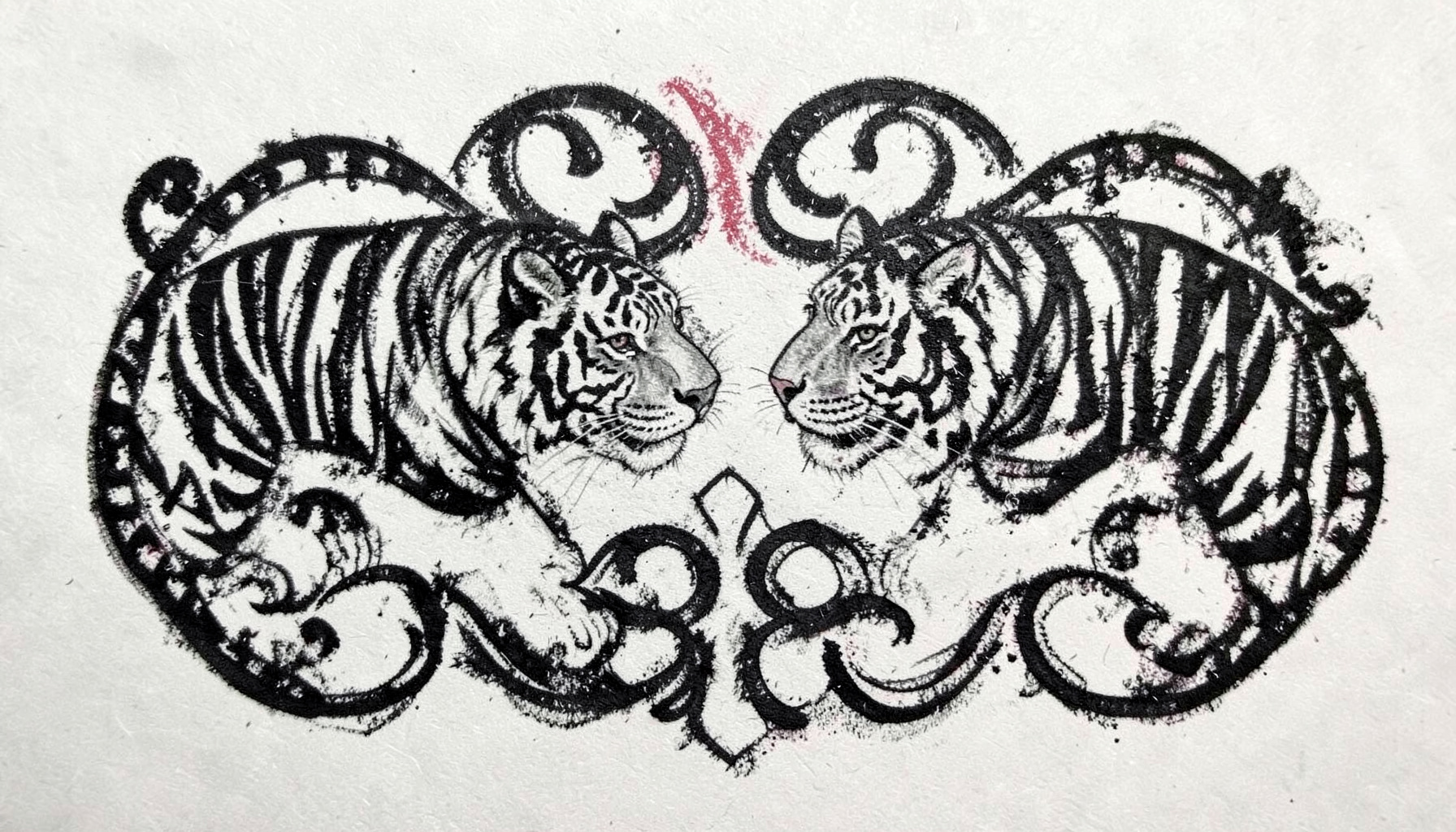 Charcoal rendering of a twin-tiger Sak Yant design with two stylized tigers facing outward amid ornate scrollwork, bold black strokes on off-white paper.