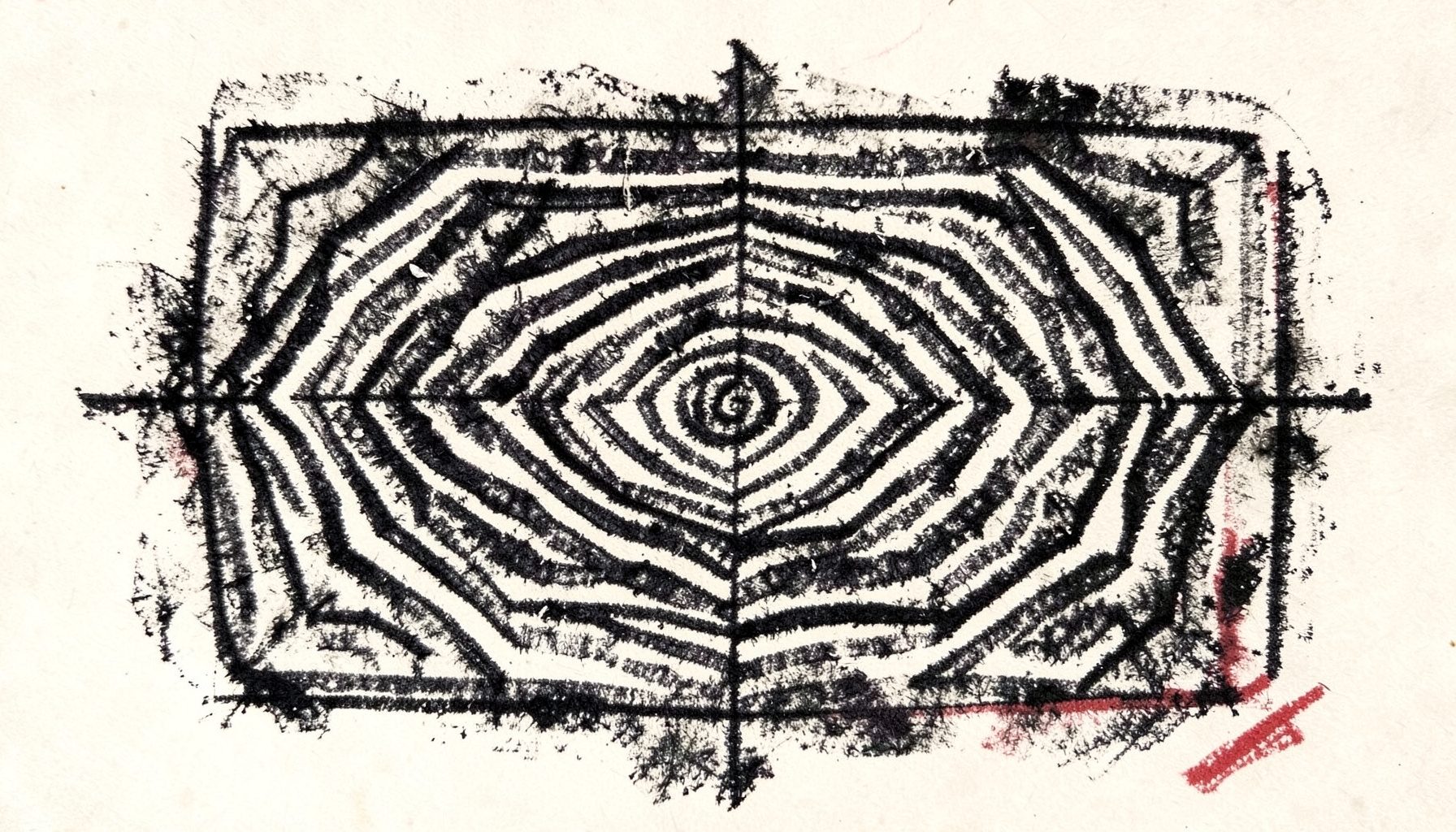 A bold charcoal drawing of a traditional Sak Yant geometric pattern with layered concentric lines and sacred script, rendered in deep black against a soft ivory background, conveying reverence and mystery.