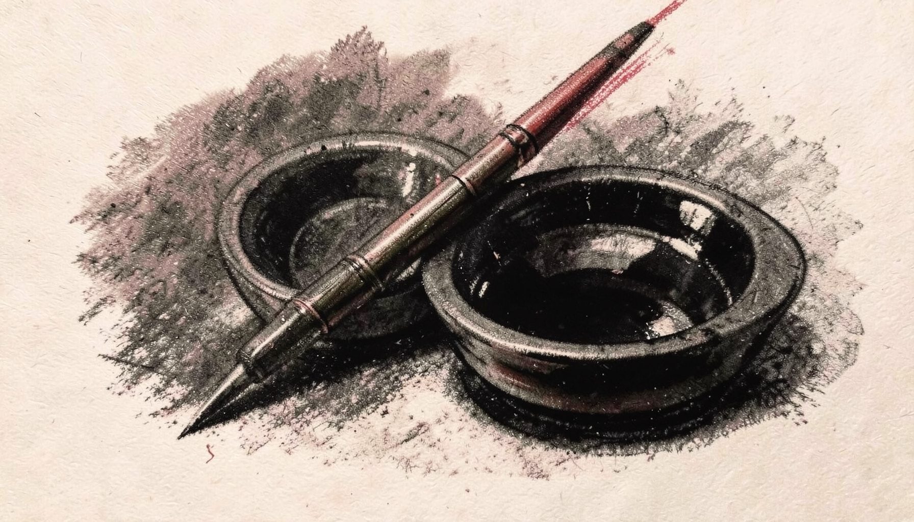 A bold charcoal drawing of a hand-poked bamboo tattoo needle resting beside an ink bowl, with soft shading and dark rich blacks, warm and intimate atmosphere.