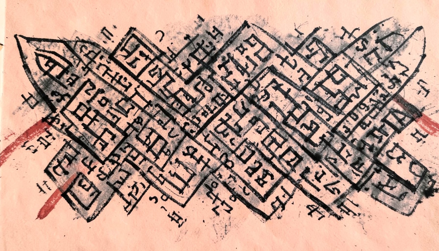 A bold charcoal drawing of intricate Sak Yant geometric patterns and sacred script flowing across the composition, with deep black lines and soft grey shading against a warm blush-toned background, conveying reverence and mystery.